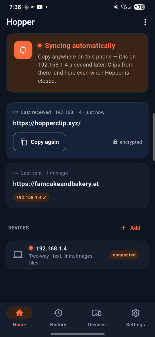 Hopper on Android, dark theme: status card saying Syncing automatically, last received and last sent clips, paired devices